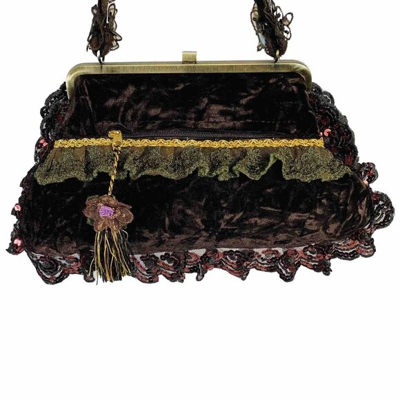 Ziba Velvet Beaded Purse Vintage Cottagecore Floral Lace Boho Romantic Handbag - Picture 15 of 16